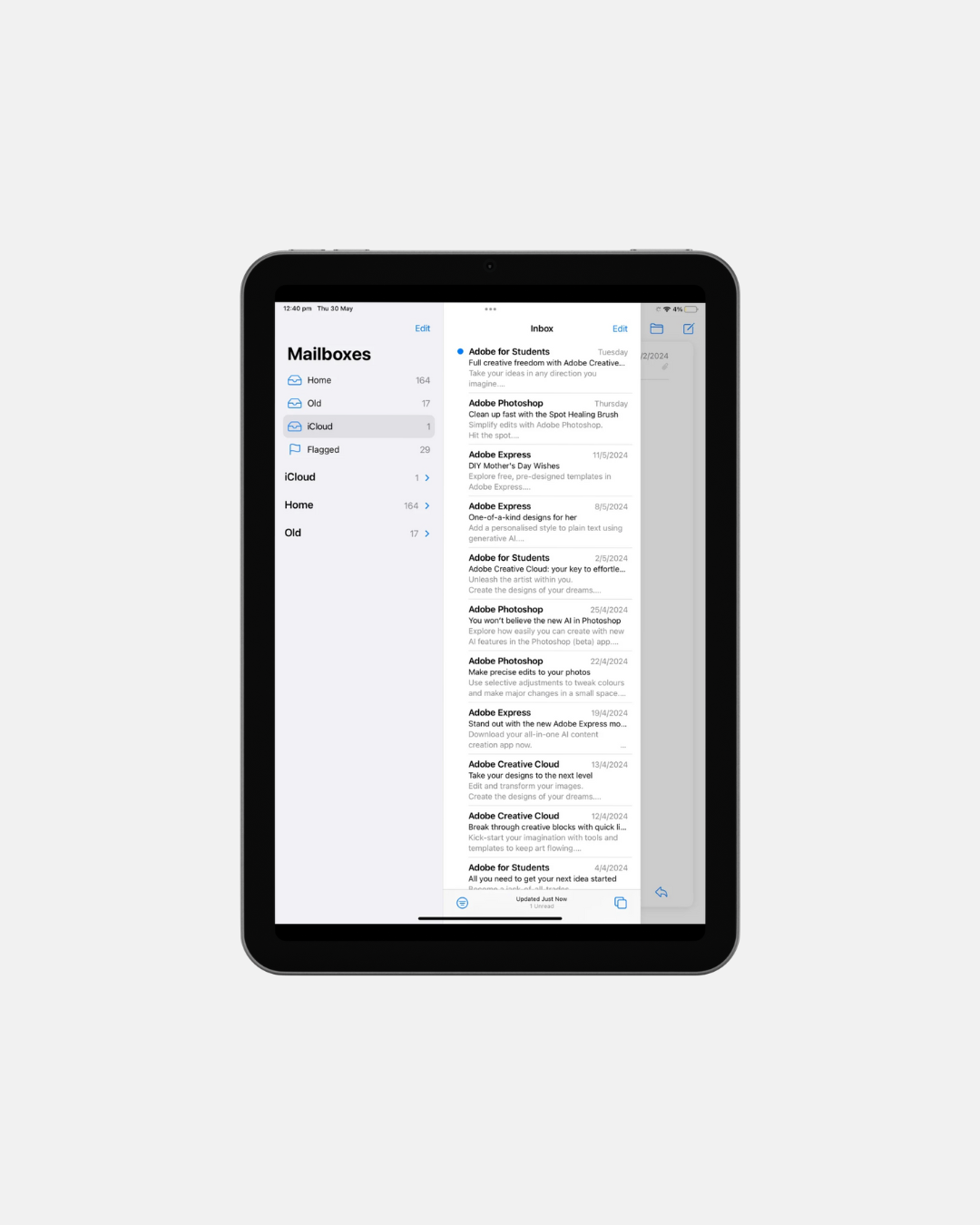 Image of an iPad showing an email inbox to demonstrate email marketing as part of my social media & digital marketing service offering.